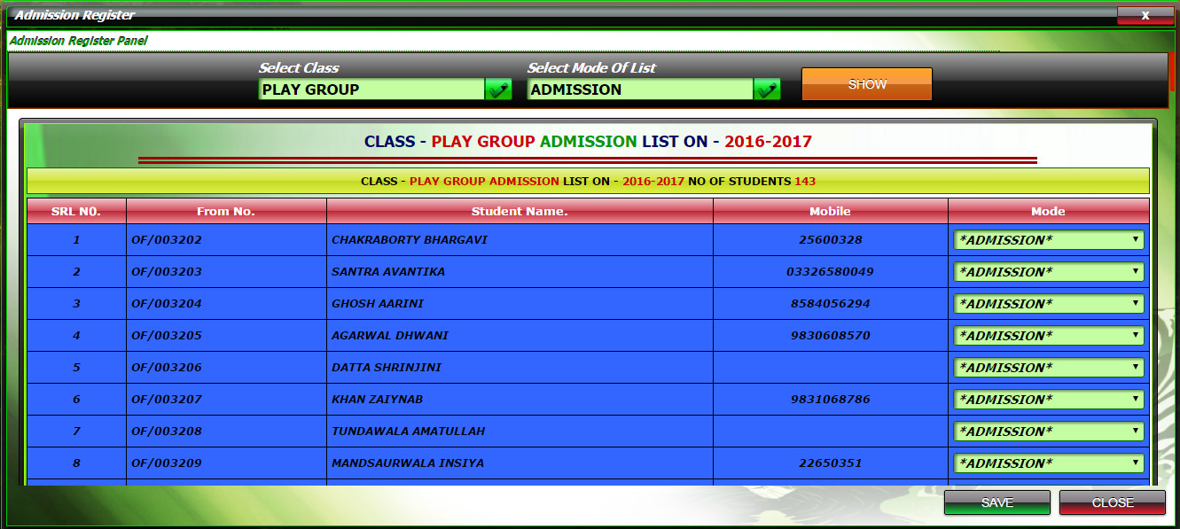 School Admission Register